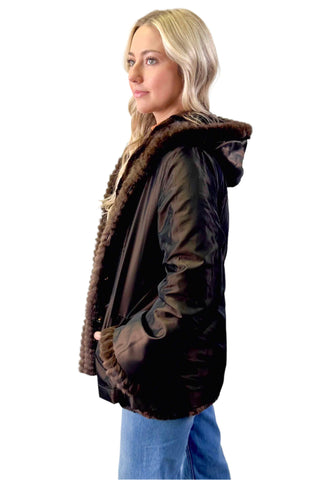 brown reversible sheared sectioned mink fur jacket with hood