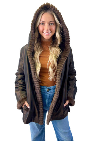 reversible brown sheared sectioned mink fur jacket with hood