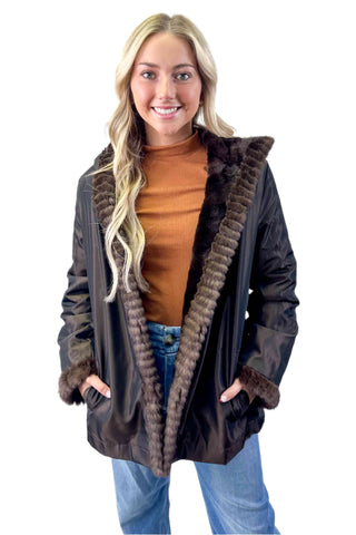 brown reversible sheared sectioned mink fur jacket with hood