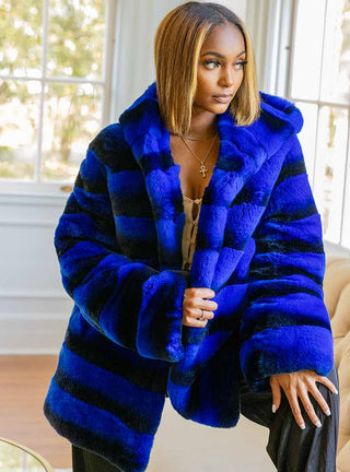 rex rabbit fur jacket with hood dyed blue chinchilla