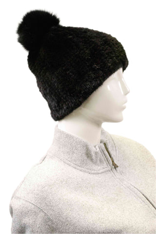 black knitted mink fur beanie with black fox pom