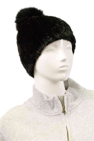 black knitted mink fur beanie with black fox pom