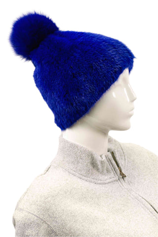 blue knitted mink fur beanie with blue fox fur pom