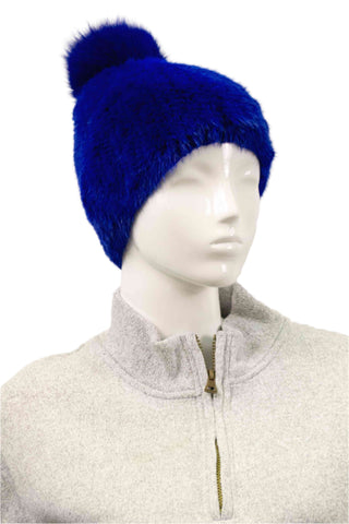 blue knitted mink fur beanie with fox fur pom