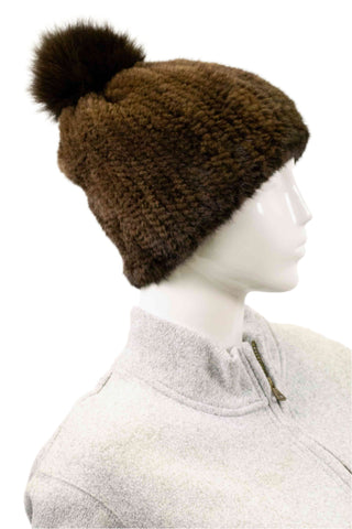 dark brown knitted mink fur beanie with fox fur pom