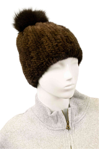 dark brown knitted mink fur beanie with fox fur pom