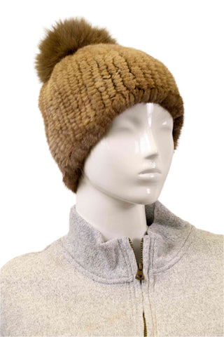 light brown knitted mink fur beanie with light brown fox fur pom