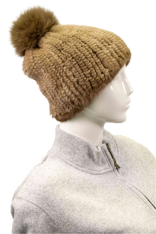 light brown knitted mink fur beanie with fox fur pom