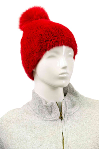 red knitted mink fur beanie hat with red fox fur pom