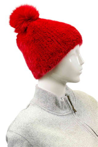 red knitted mink fur beanie hat with red fox fur pom