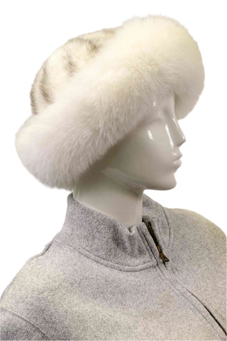 black cross mink fur hat with white fox fur trim