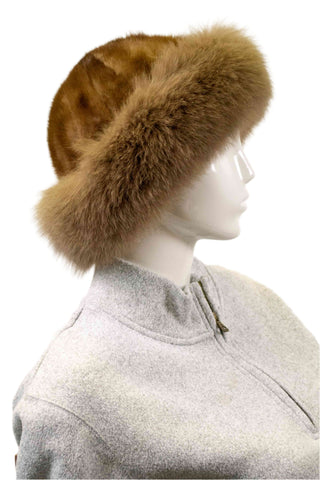 light brown mink fur hat with fox fur trim