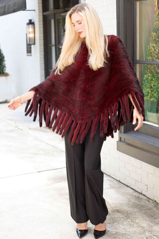 burgundy knitted mink fur poncho