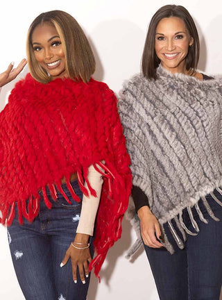 Knitted Rabbit Fur Poncho with Fringe.