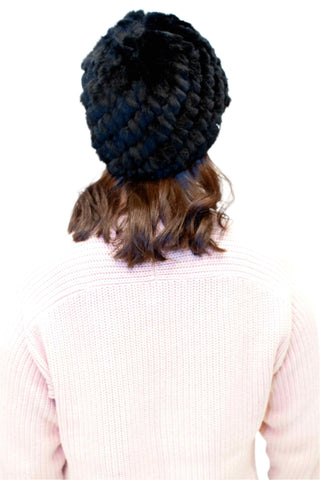 women's black knitted rabbit fur stretch beanie