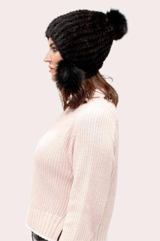 Women's Knitted Mink Fur Beanie with Fox Fur Pom Poms.