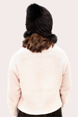 Women's Knitted Mink Fur Beanie with Fox Fur Pom Poms.