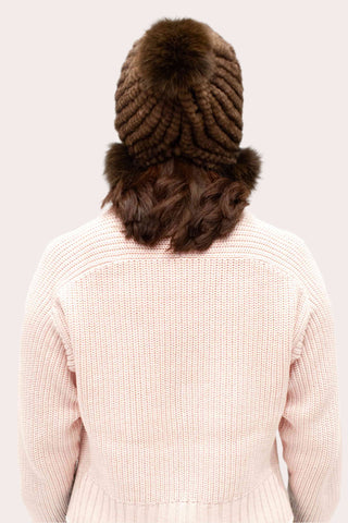 Women's Knitted Mink Fur Beanie with Fox Fur Pom Poms.