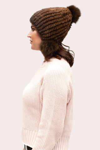 Women's Knitted Mink Fur Beanie with Fox Fur Pom Poms.