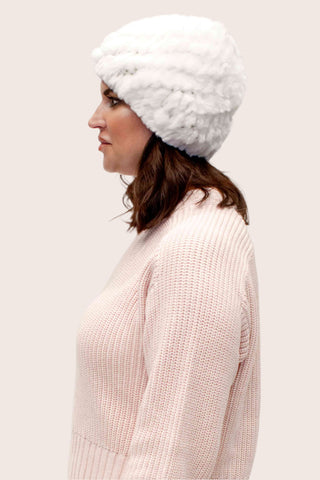 women's white knitted rabbit fur beanie