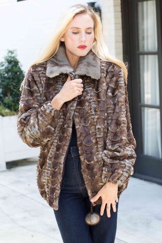 women's gray cross sheared mink fur bomber jacket with full skin mink fur collar