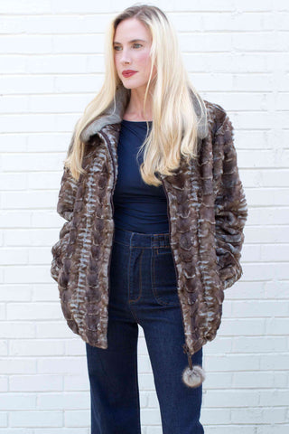 gray cross sheared mink fur bomber jacket with full skin mink fur collar