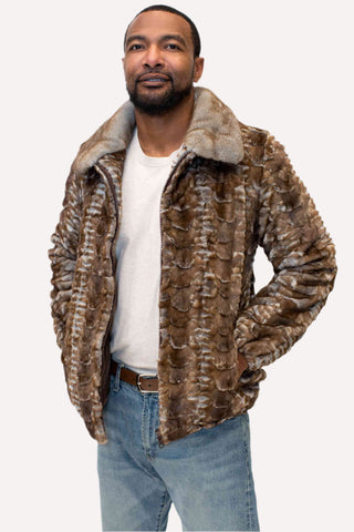 Men's Gray Cross Sheared Mink Fur Bomber Jacket.