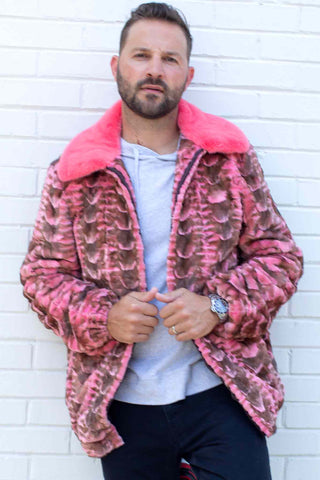 men's pink fur bomber jacket with full skin mink fur collar