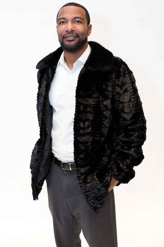 Men's Mink Fur Bomber Jacket with Full Skin Mink Fur Collar.