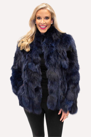 navy fox fur jacket with stand up collar