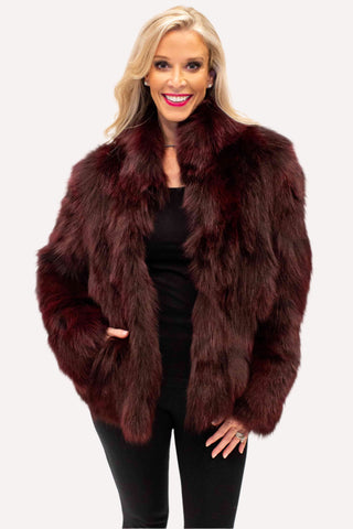 plum fox fur jacket with stand up collar