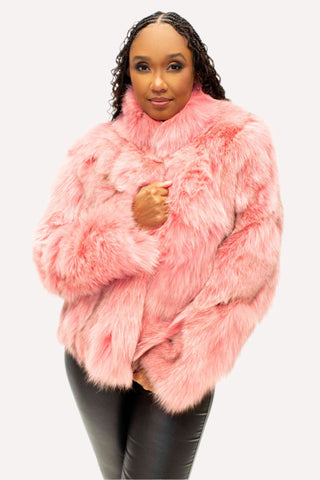 pink fox fur jacket with stand up collar