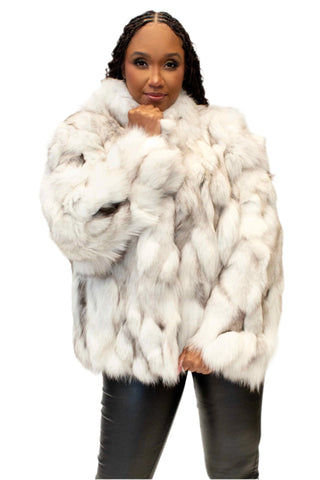 white sectioned fox fur jacket