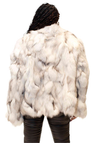 white fox fur jacket with stand up collar