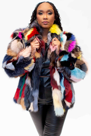 multicolor sectioned fox fur jacket