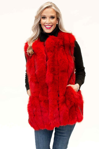 bright red fox fur vest with vertical pattern and leather inserts