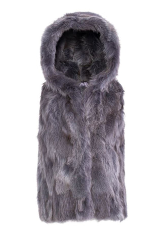 Charcoal Sectioned Fox Fur Vest with Full Fur Hood