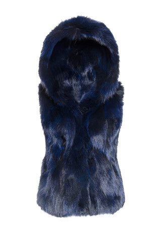 Navy Sectioned Fox Fur Vest with Hood