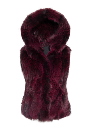 Plum Sectioned Fox Fur Vest with Full Fur Hood