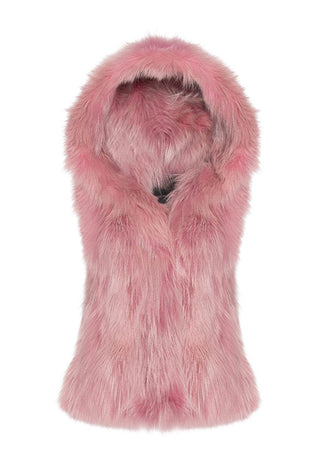 Pink Sectioned Fox Fur Vest with Full Fur Hood