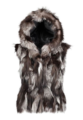 Silver Sectioned Fox Fur Vest with Hood