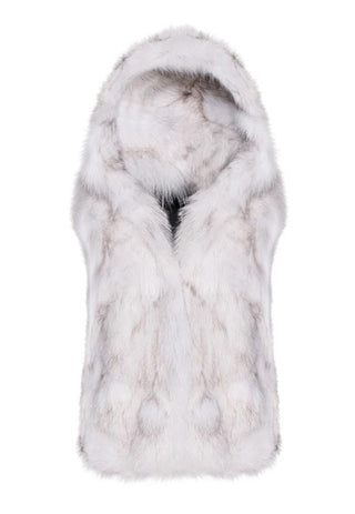 White/Natural Blue Sectioned Fox Fur Vest with Hood