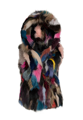 Multicolor Sectioned Fox Fur Vest with Hood