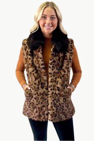 women's sectioned mink fur vest with animal print & fox fur collar