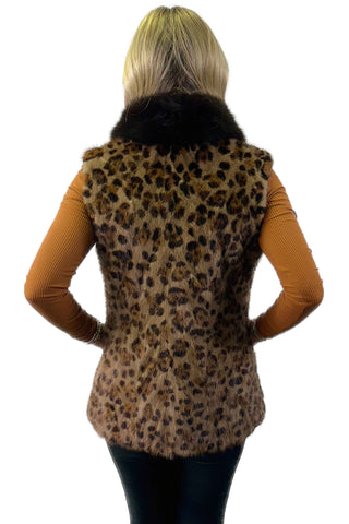 women's sectioned mink fur vest with animal print pattern & brown fox fur collar