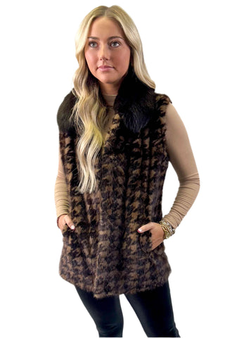 houndstooth mink fur vest with fox fur collar