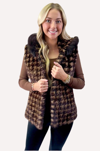 demi buff houndstooth sectioned mink fur vest with brown fox fur trim hood