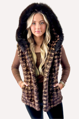 houndstooth mink fur vest with brown fox fur trim hood