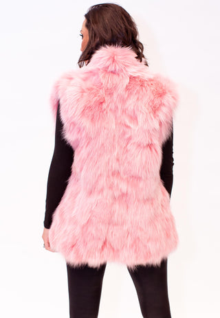 pink sectioned fox fur vest with stand up collar