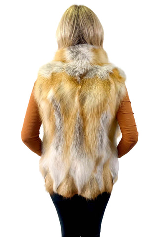 natural red sectioned fox fur vest with stand up collar & zip front